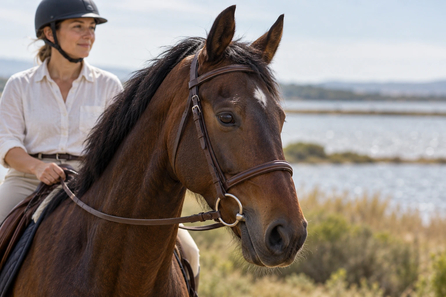 Illustrative close-up of a bay horse in a brown leather bridle beside a lagoon.