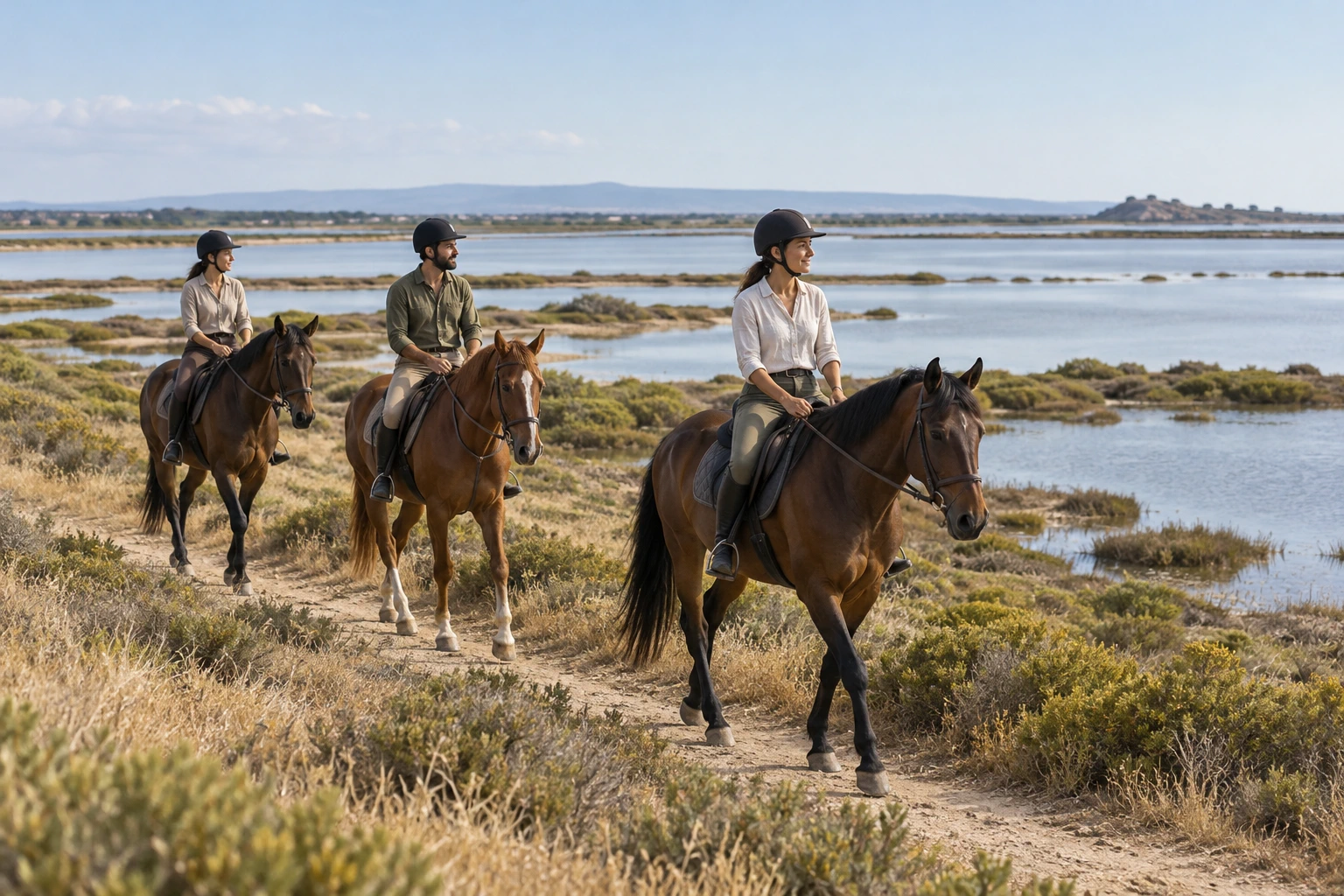 Illustrative image of helmeted adult riders walking beside a Sardinian lagoon.