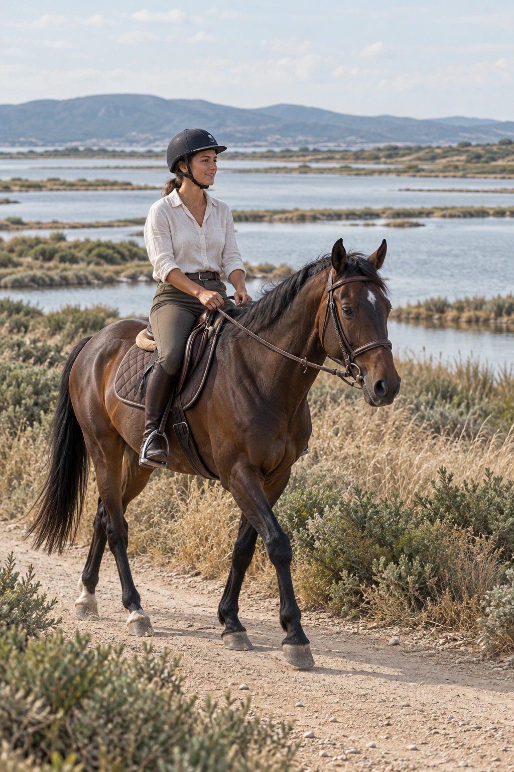 Illustrative portrait of a helmeted rider on a bay horse along a lagoon-side trail.