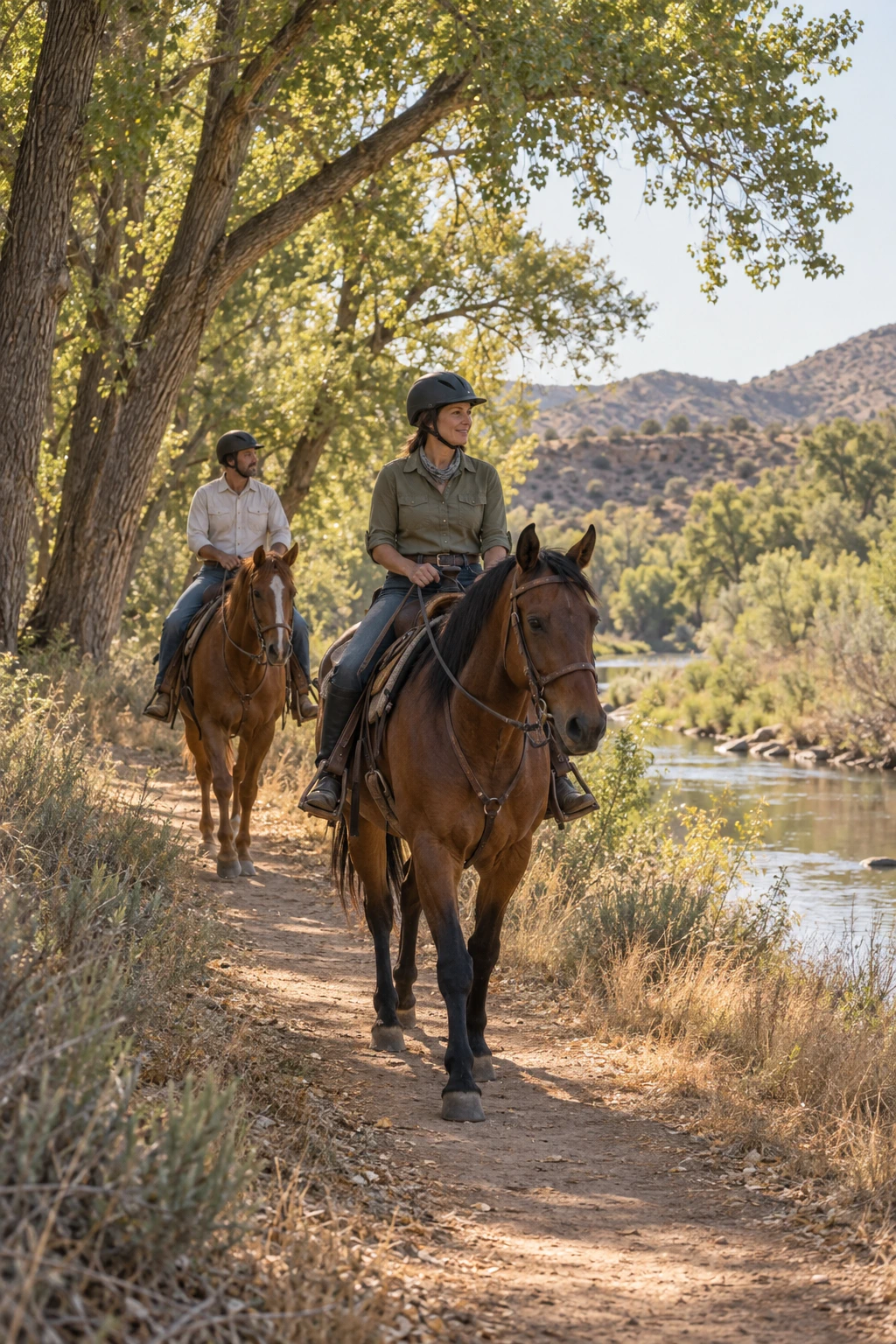 Illustration of two helmeted riders on a riverbank trail beneath cottonwood trees.