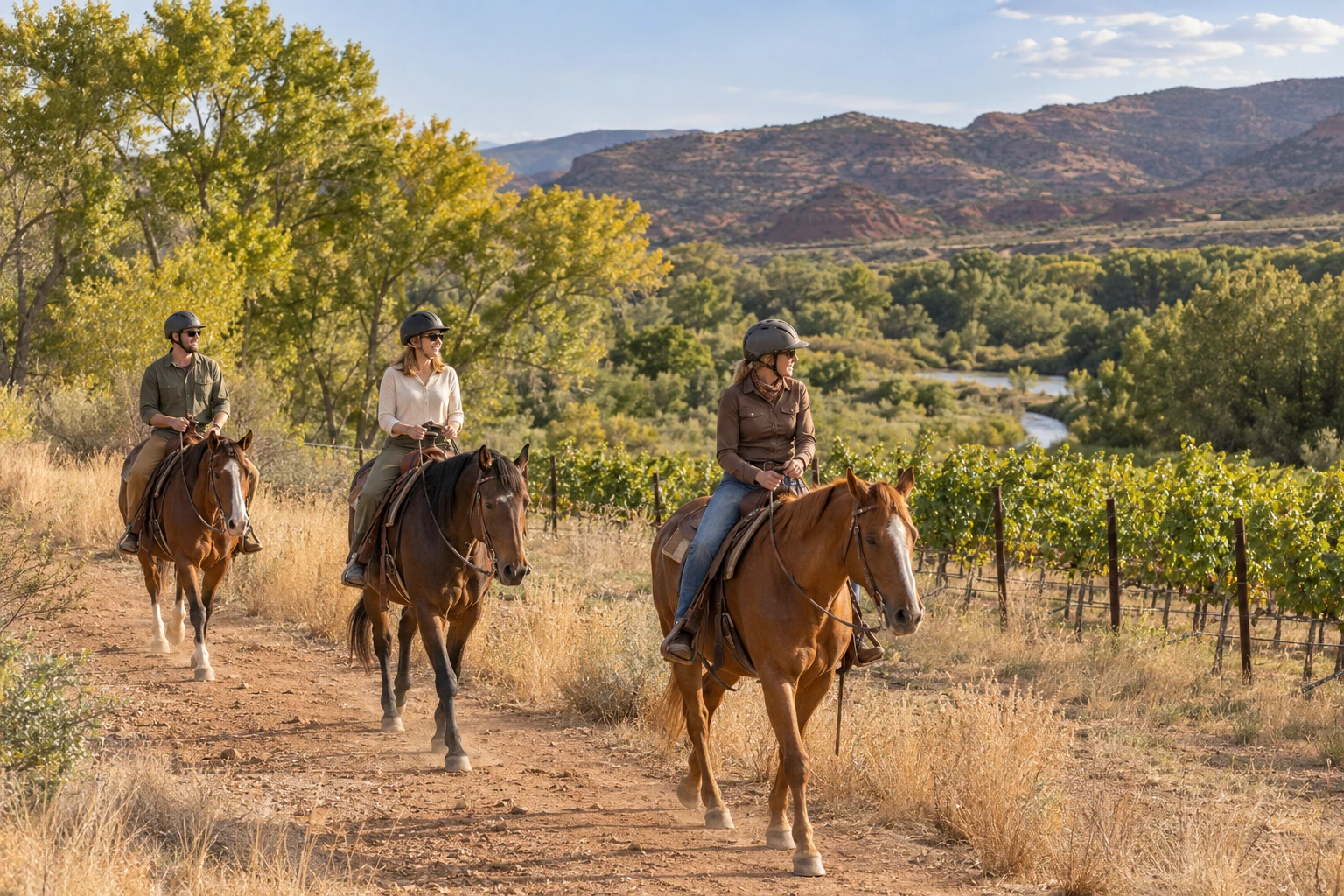 Illustration of helmeted riders walking beside vineyard rows in Arizona’s Verde Valley.