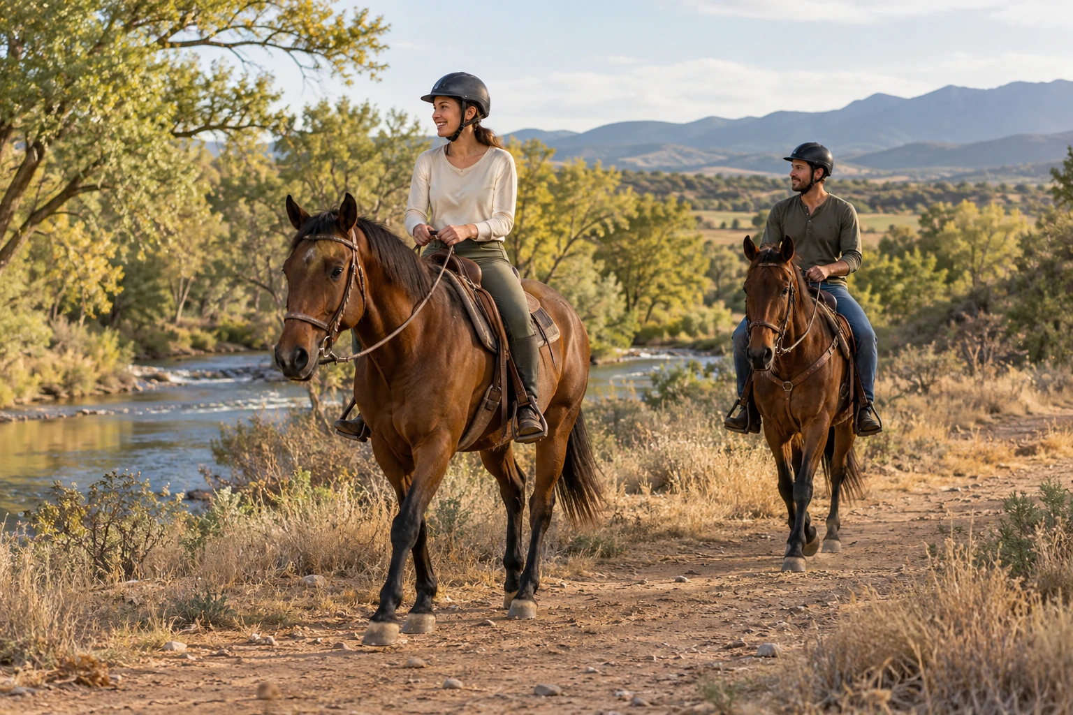 Illustrative scene of helmeted adults riding bay horses along a river trail in Arizona's Verde Valley.