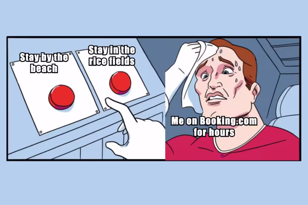 Meme showing carton character having hard choice whether to stay by the beach or in the rice fields in Bali