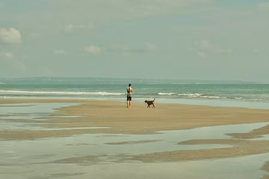 a man a dog on a beach in Bali