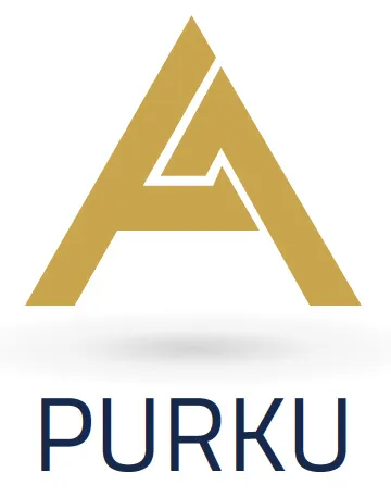 Kultainen, tyylitelty A-kirjaimen muotoinen logo, jossa on sisäinen ääriviiva. Logon alla on tummansininen teksti PURKU. Valkoinen tausta ja logon alla heikko varjo.