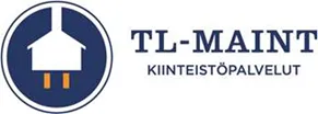 TL-MAINT-yrityksen logo. Vasemmalla pyöreä tunnus, jossa tummansinisellä pohjalla valkoinen talon ja sähköpistokkeen yhdistelmäkuva oransseilla nastoilla. Oikealla tummansinisellä tekstillä 'TL-MAINT' ja sen alla 'KIINTEISTÖPALVELUT'.