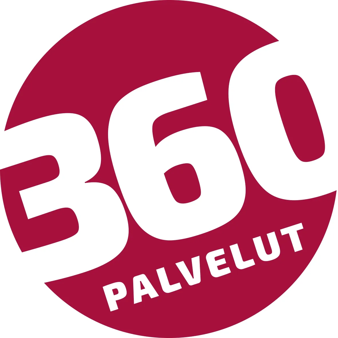 Punainen ympyrä, jossa valkoiset, kallistetut numerot "360" ja niiden alla valkoinen teksti "PALVELUT".