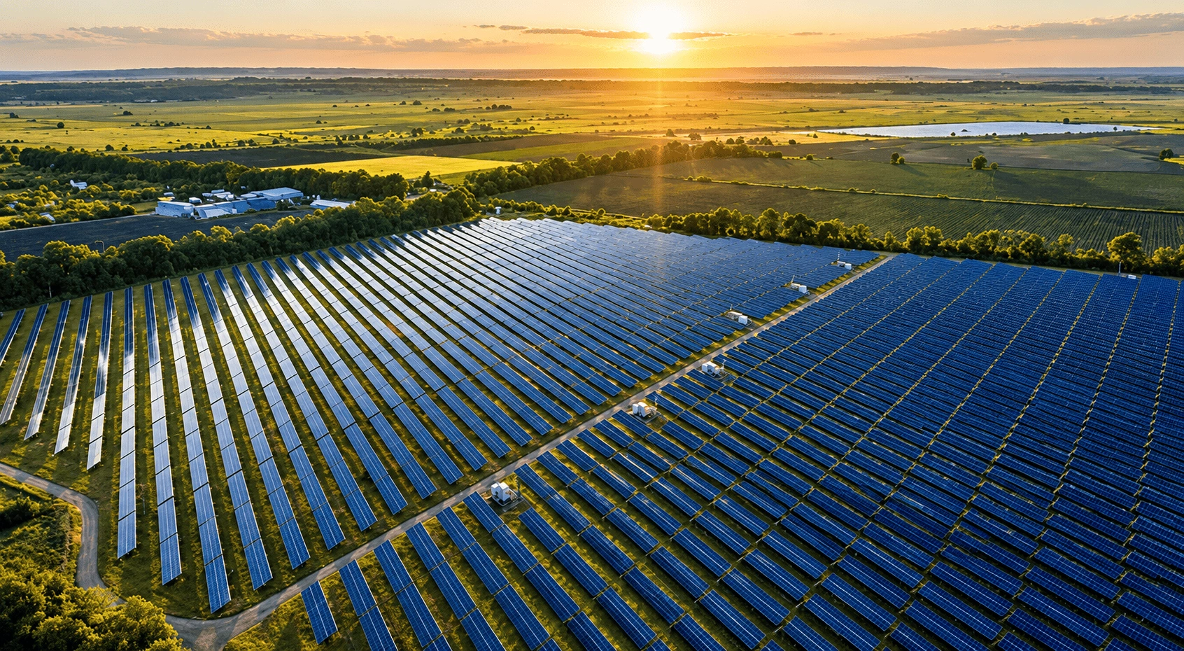 Aerial drone view of a large solar farm surrounded by agricultural fields, with wind turbines in the background.