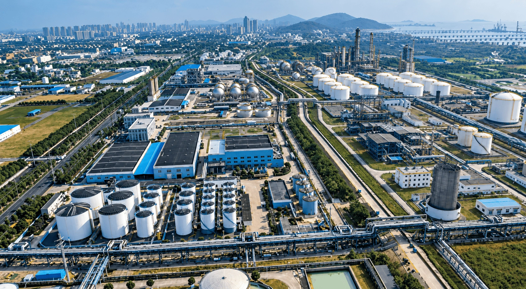 Aerial drone view of a large industrial oil storage facility with numerous storage tanks, pipelines, and waterfront infrastructure.