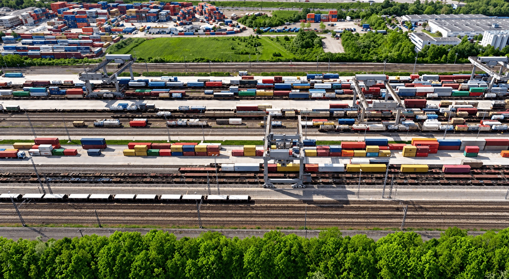 Aerial drone view of a large railway yard with multiple freight trains, tracks, industrial buildings, and a city skyline at sunset.