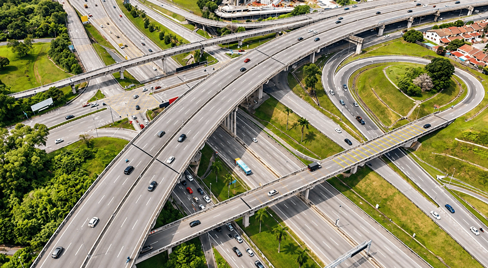 Aerial drone view of a highway interchange with multiple lanes, an overpass, and a vehicle traveling below.
