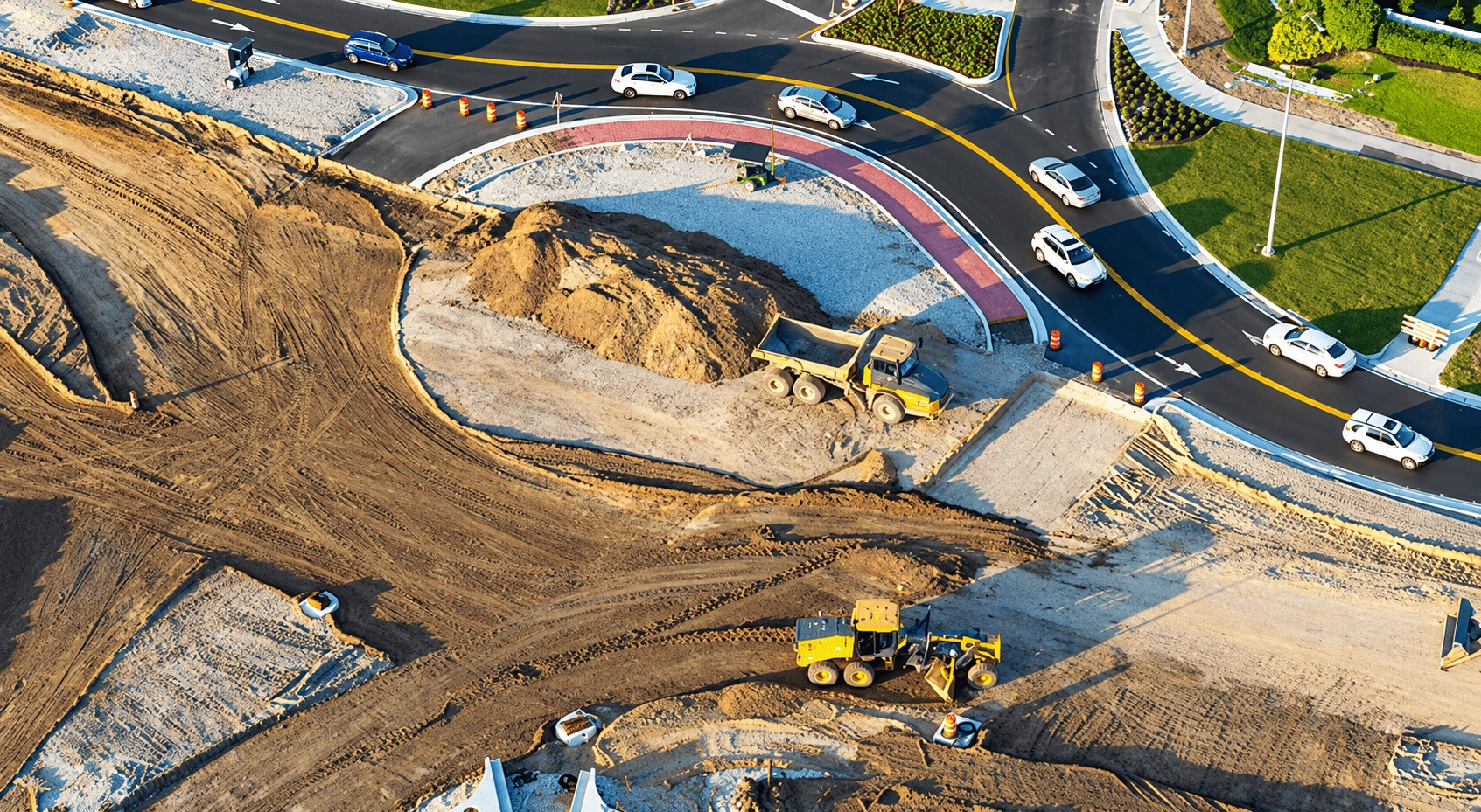 Aerial drone view of an excavator working at a rocky construction and excavation site.