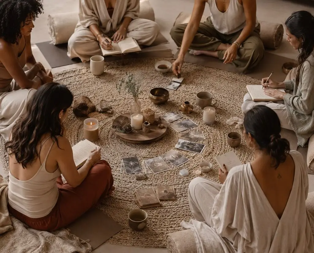 Group of six women sitting in a circle on cushions with candles and tarot cards on a woven rug.