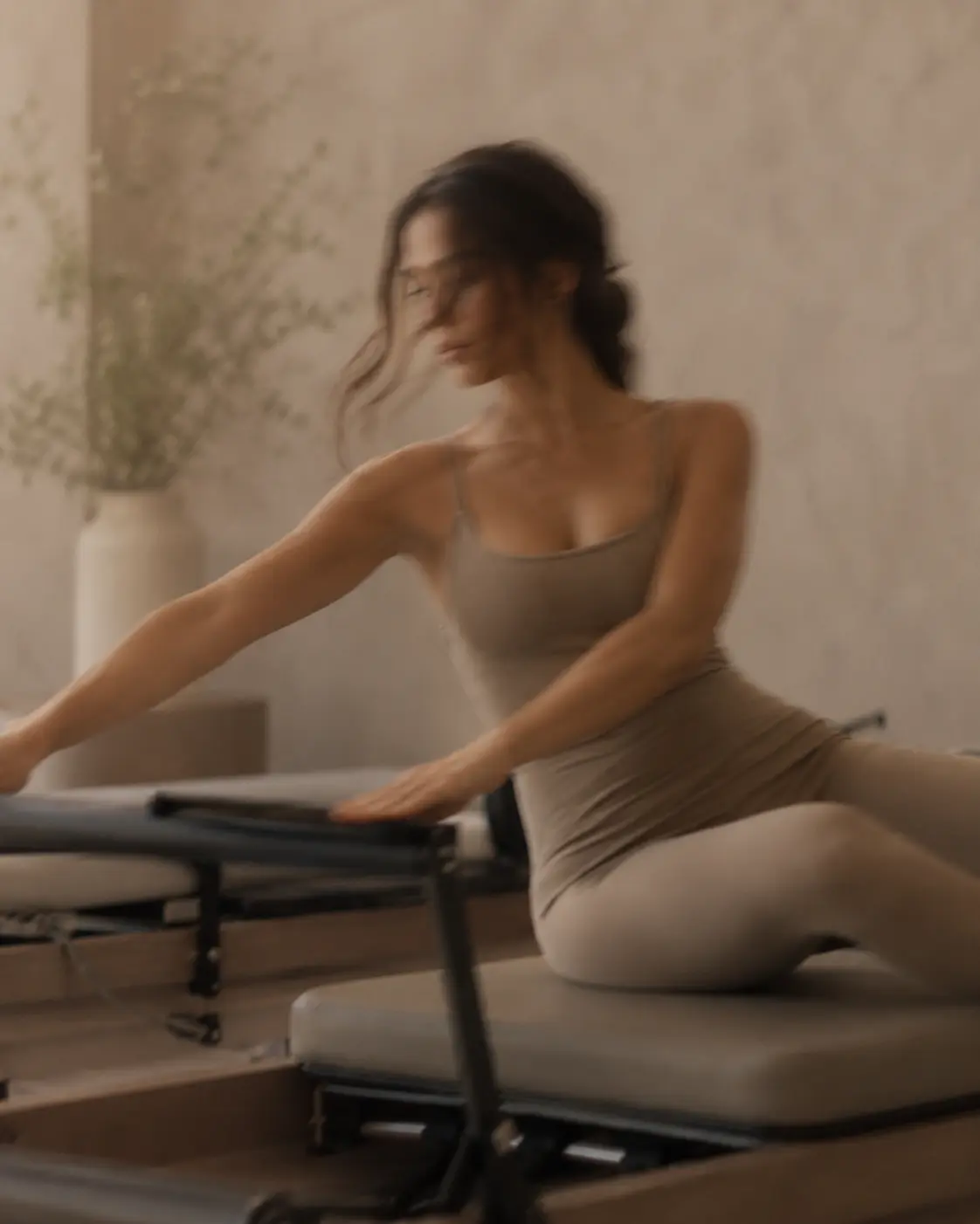 Woman in beige activewear exercises on Pilates reformer machine in a calm, neutral-toned room.