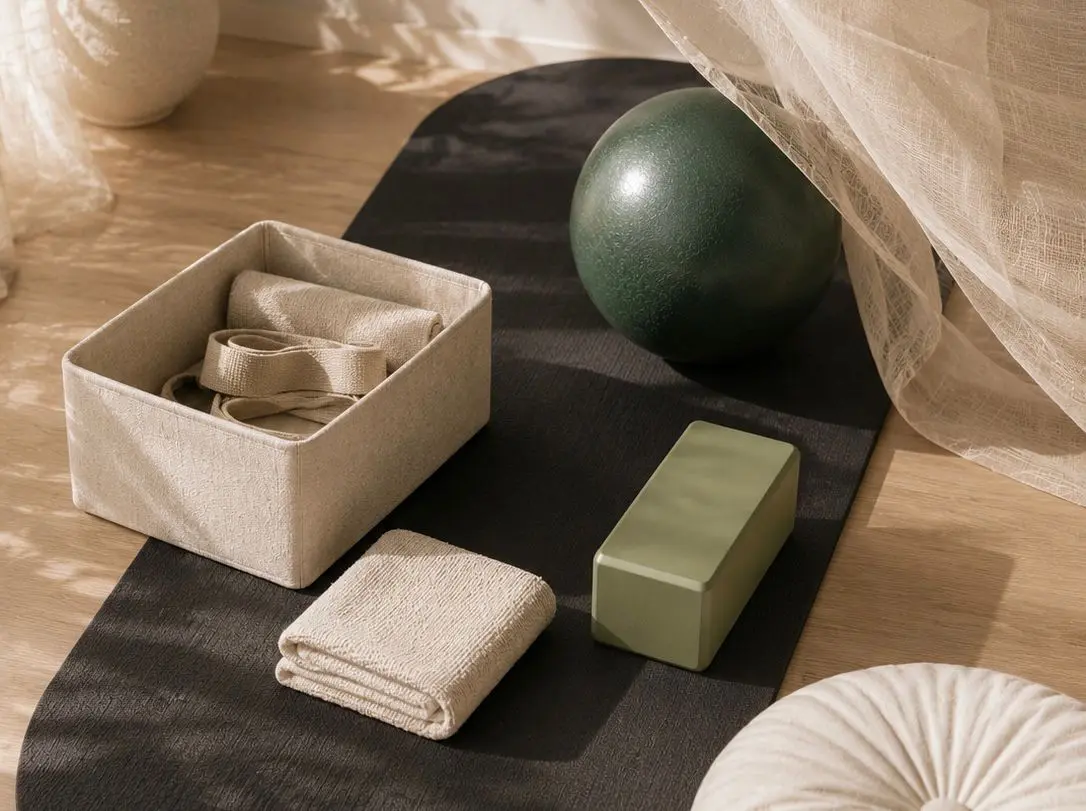 Pilates setup with a green ball, green block, beige strap, and towel on a black mat on wooden floor.