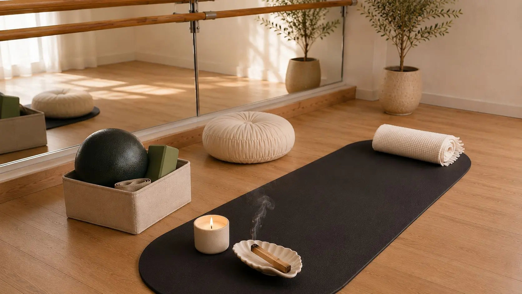 Pilates mat with rolled towel, lit candle, incense, cushion, exercise ball, and plant in a calm room.