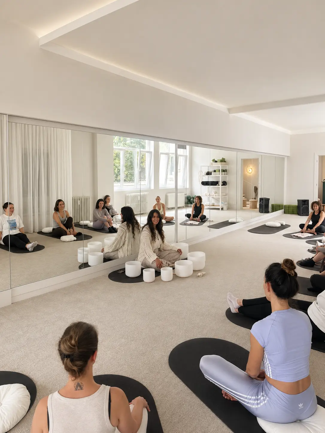 Group of women sitting cross-legged in a pilates studio with a teacher and crystal singing bowls.