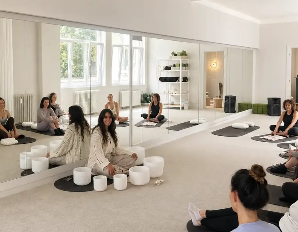 Group of people sitting cross-legged on black mats in a bright pilates studio with mirrored wall running a sound healing workshop ritual.