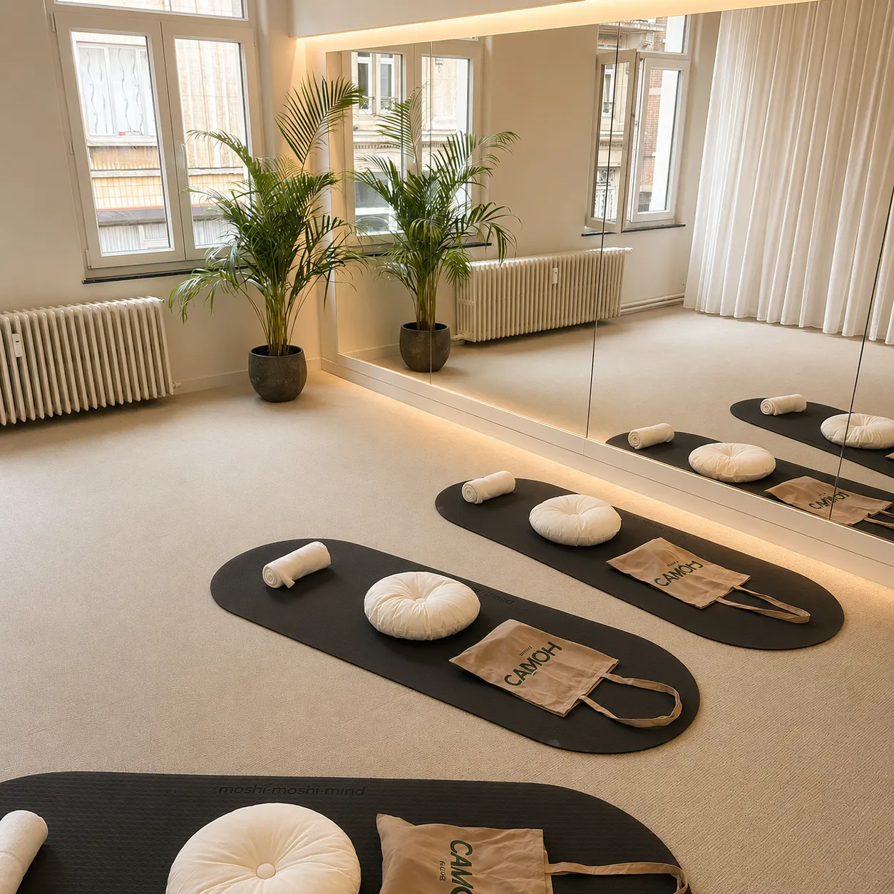 Pilates mats with cushions, bags, and towels in a bright room with mirrors and a potted plant.