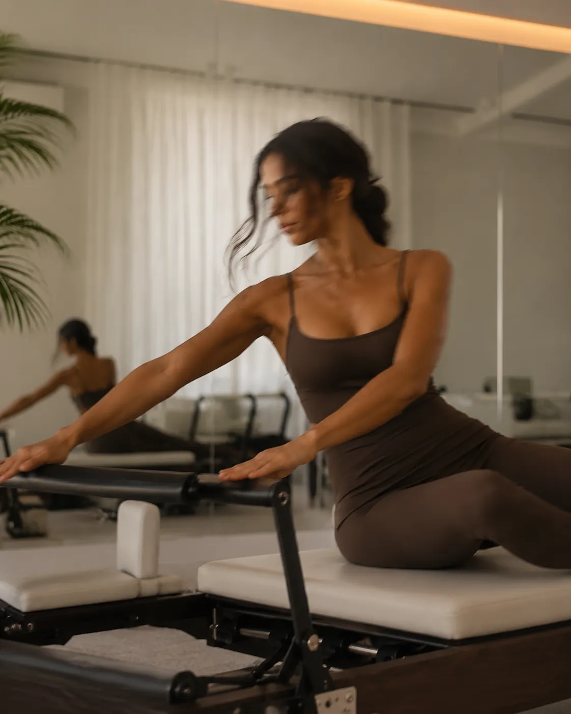 Woman exercising on Pilates reformer machine in the Solstice Studio room at CAMOH House with a large mirror and plant.