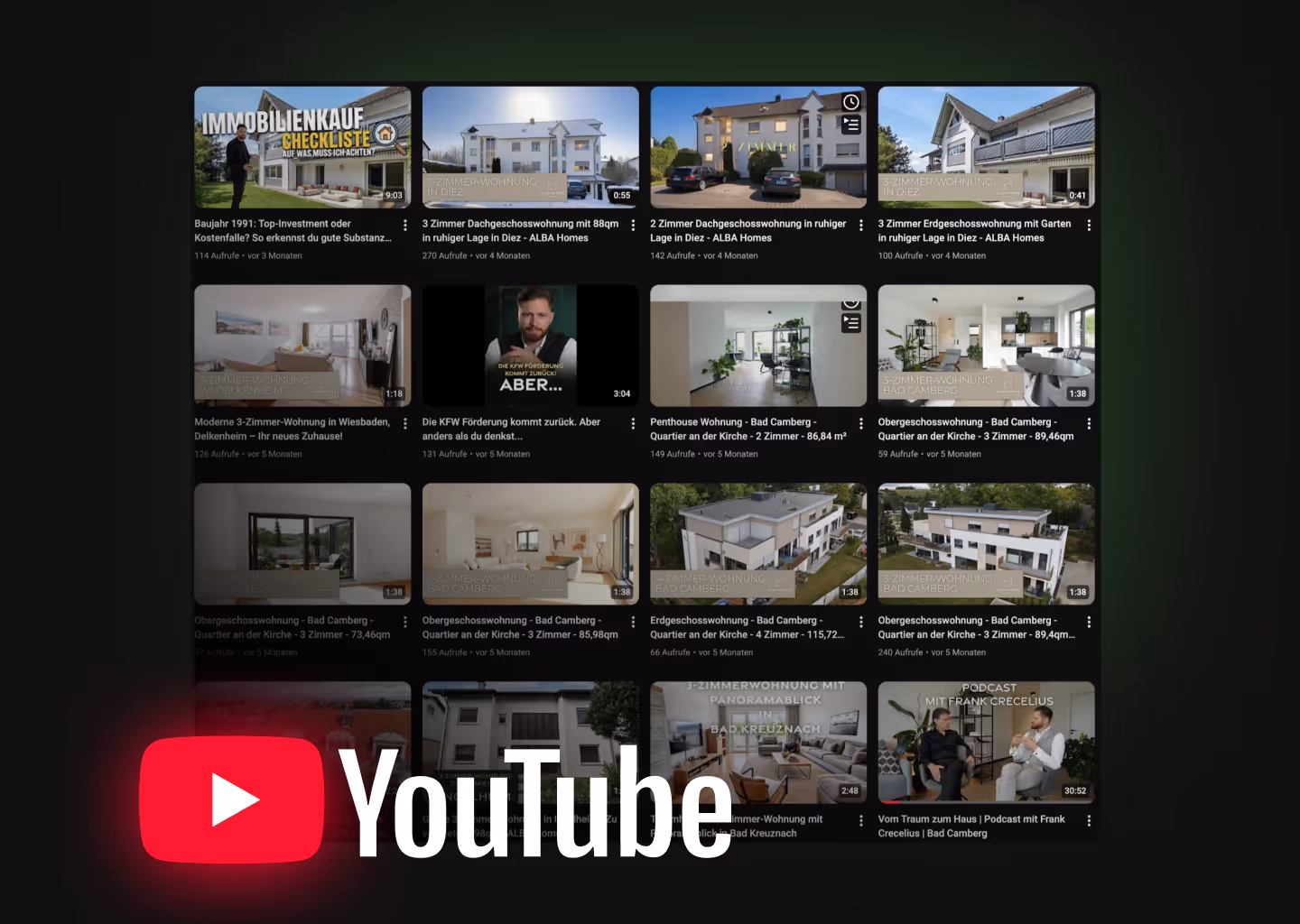 YouTube-Bildschirm mit Vorschauen von Videos über Immobilienangebote und Wohnungsbesichtigungen in Deutschland, mit dem YouTube-Logo unten links.