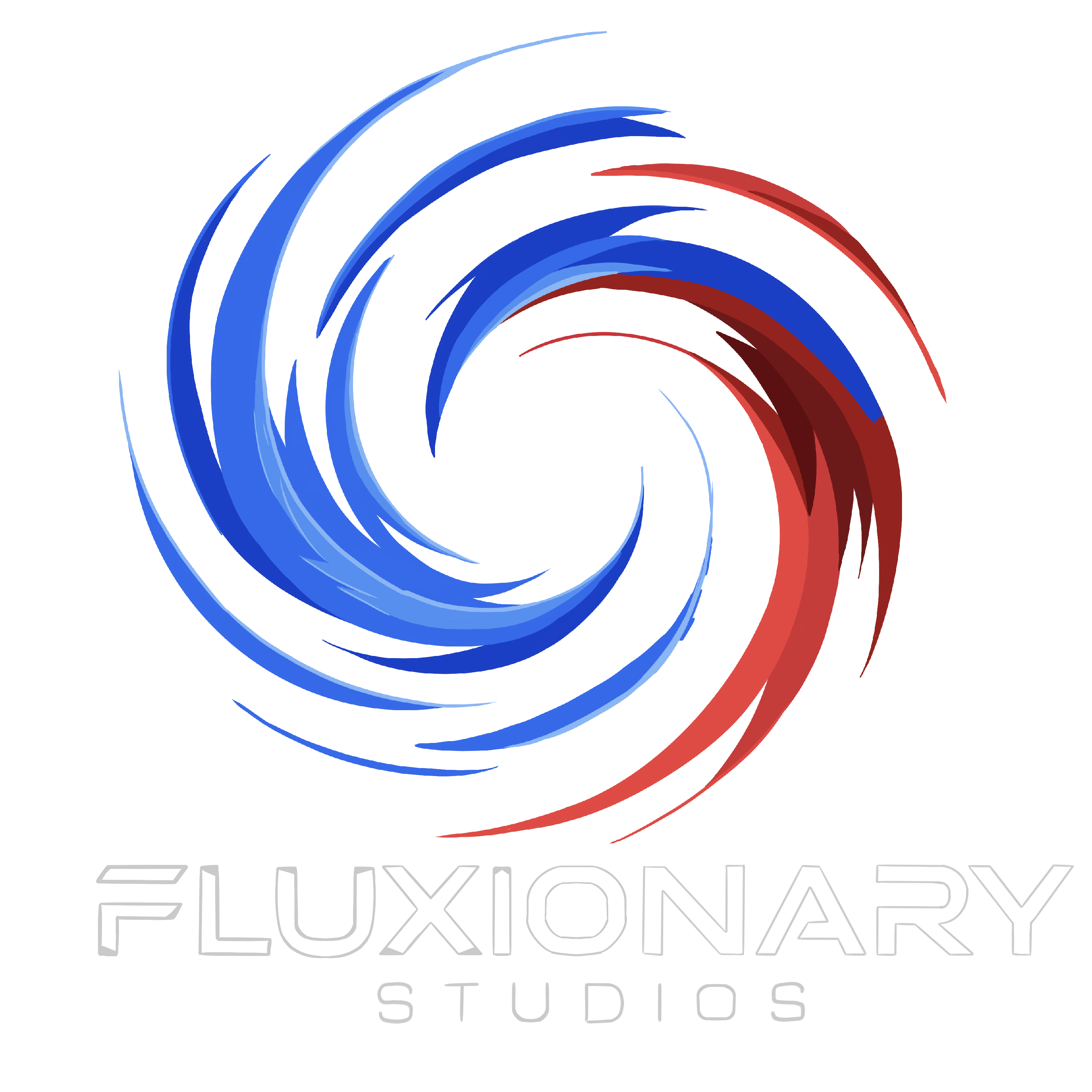 Colorful swirling spiral graphic above the text 'FLUXIONARY STUDIOS' with a black background.