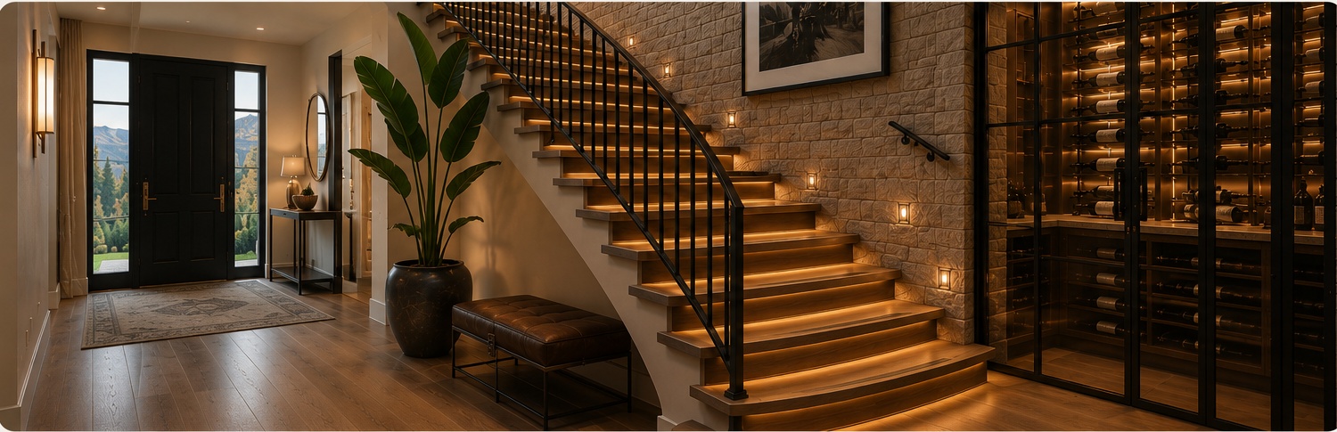 Luxury home entryway with staircase and wine closet — Boulder County real estate