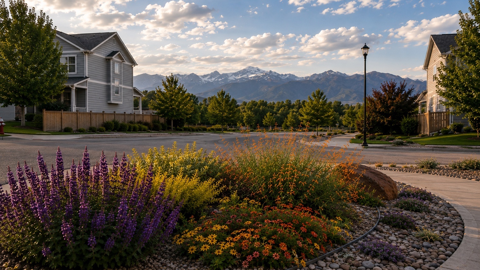 Harvest Junction neighborhood Longmont Colorado with mountain views