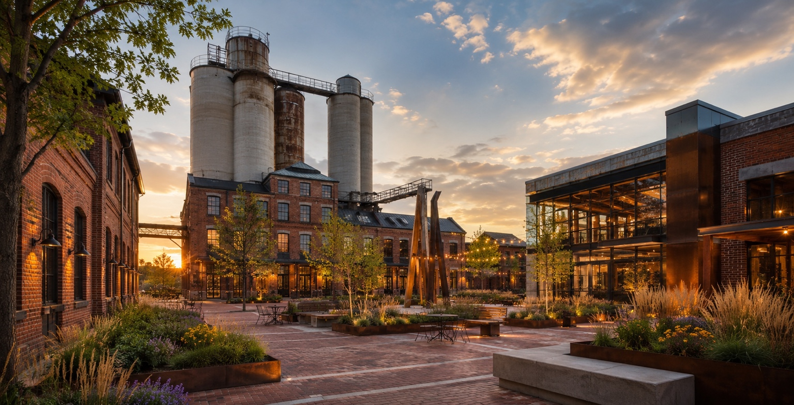 Longmont Sugar Mill District historic industrial buildings and silos Colorado
