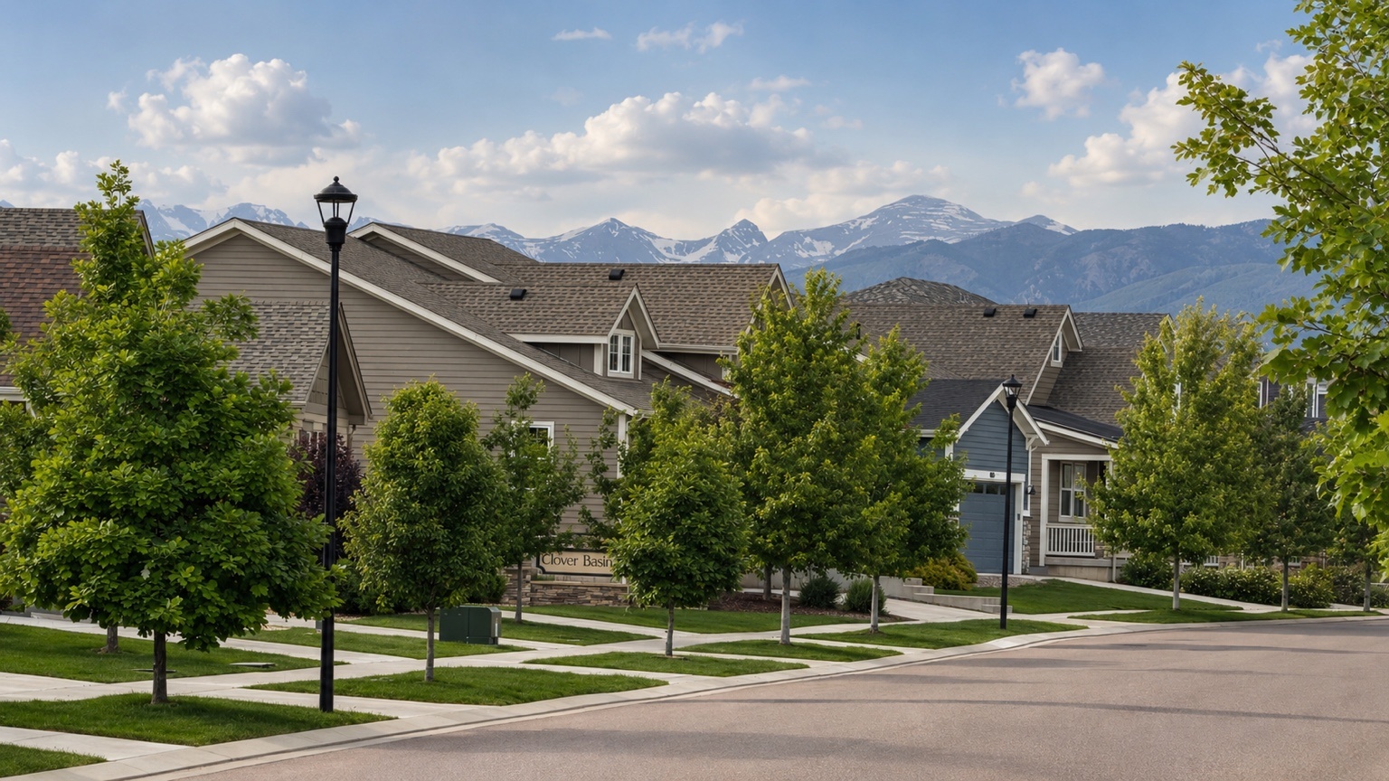 Clover Basin neighborhood Longmont Colorado with mountain backdrop