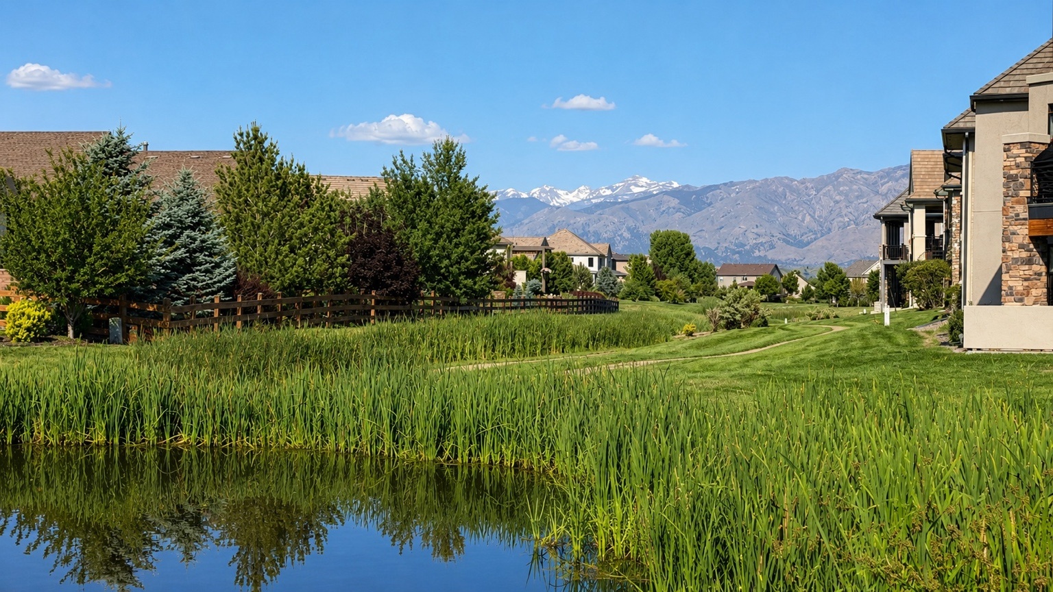 Somerset Meadows neighborhood with pond and wetlands southwest Longmont Colorado