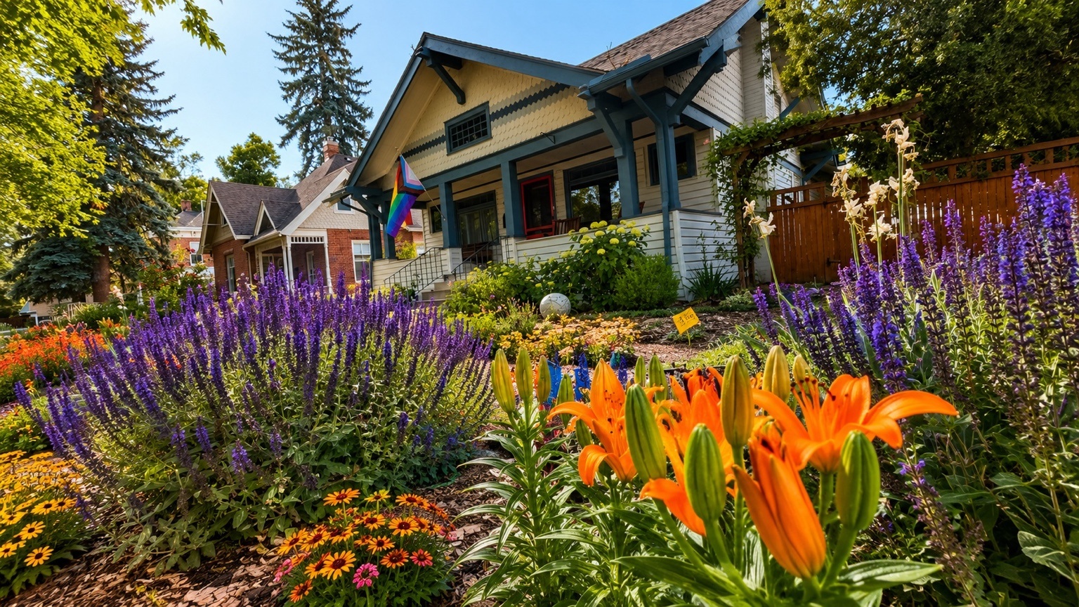 Old Town Longmont Colorado with historic homes and garden