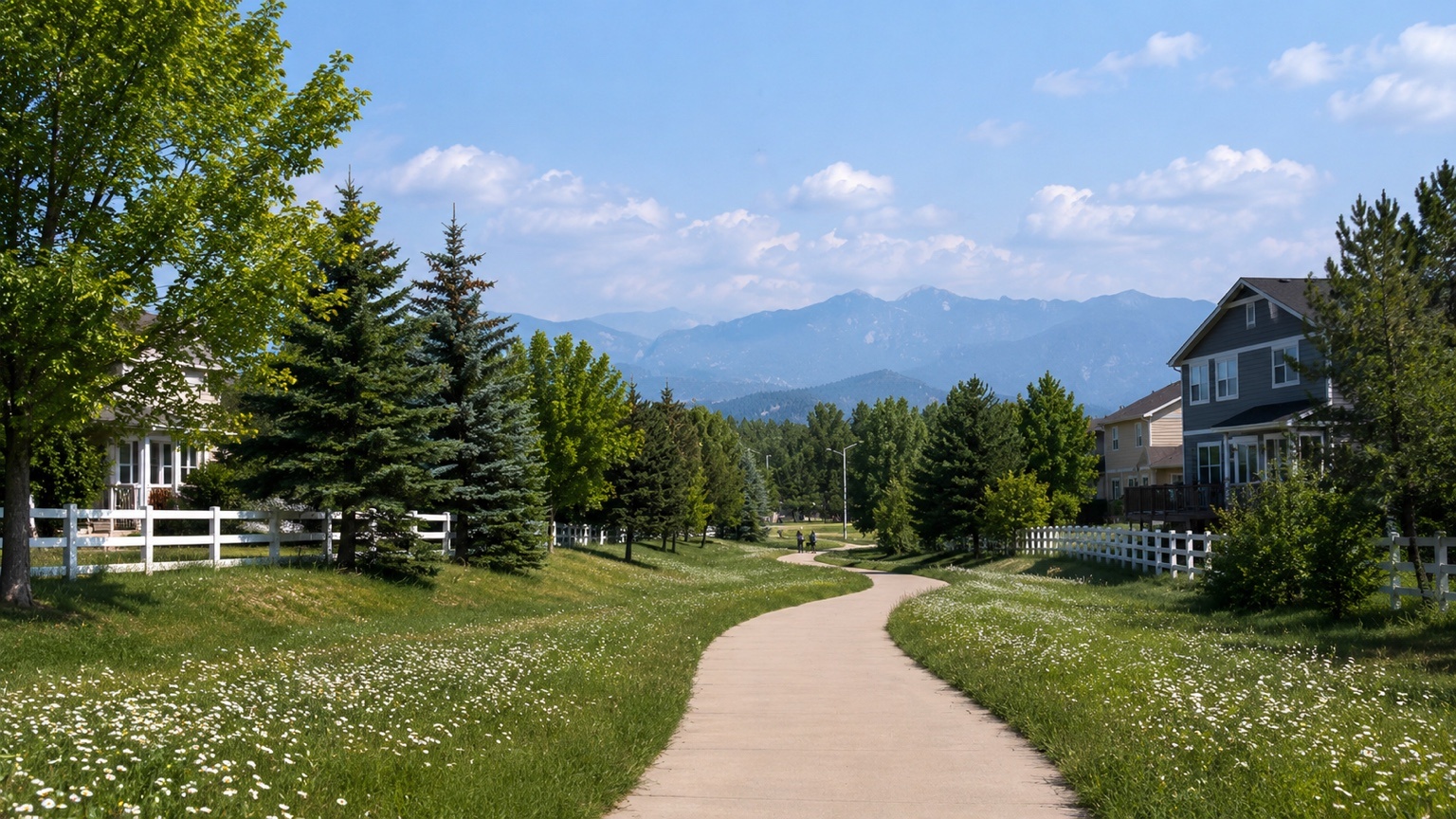 Renaissance neighborhood Longmont Colorado with tree-lined paths