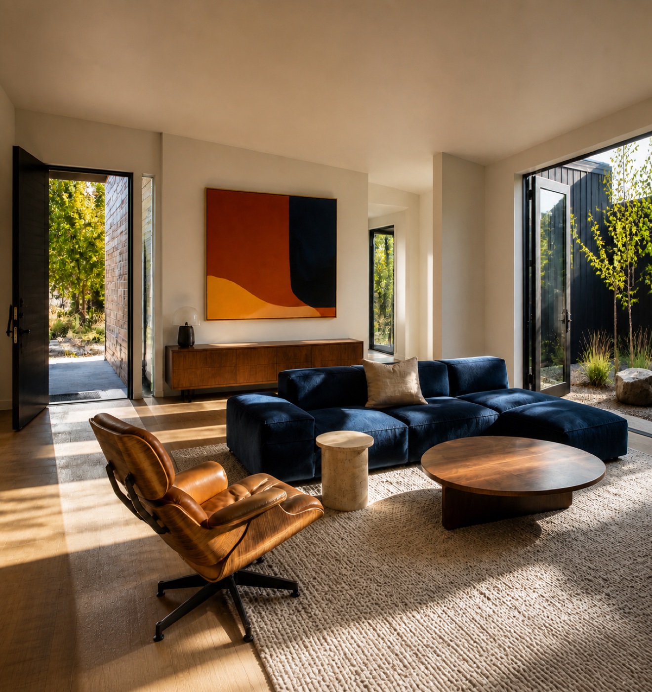 Contemporary Front Range living room with cobalt sofa, cognac lounge chair, and open entry and courtyard doors