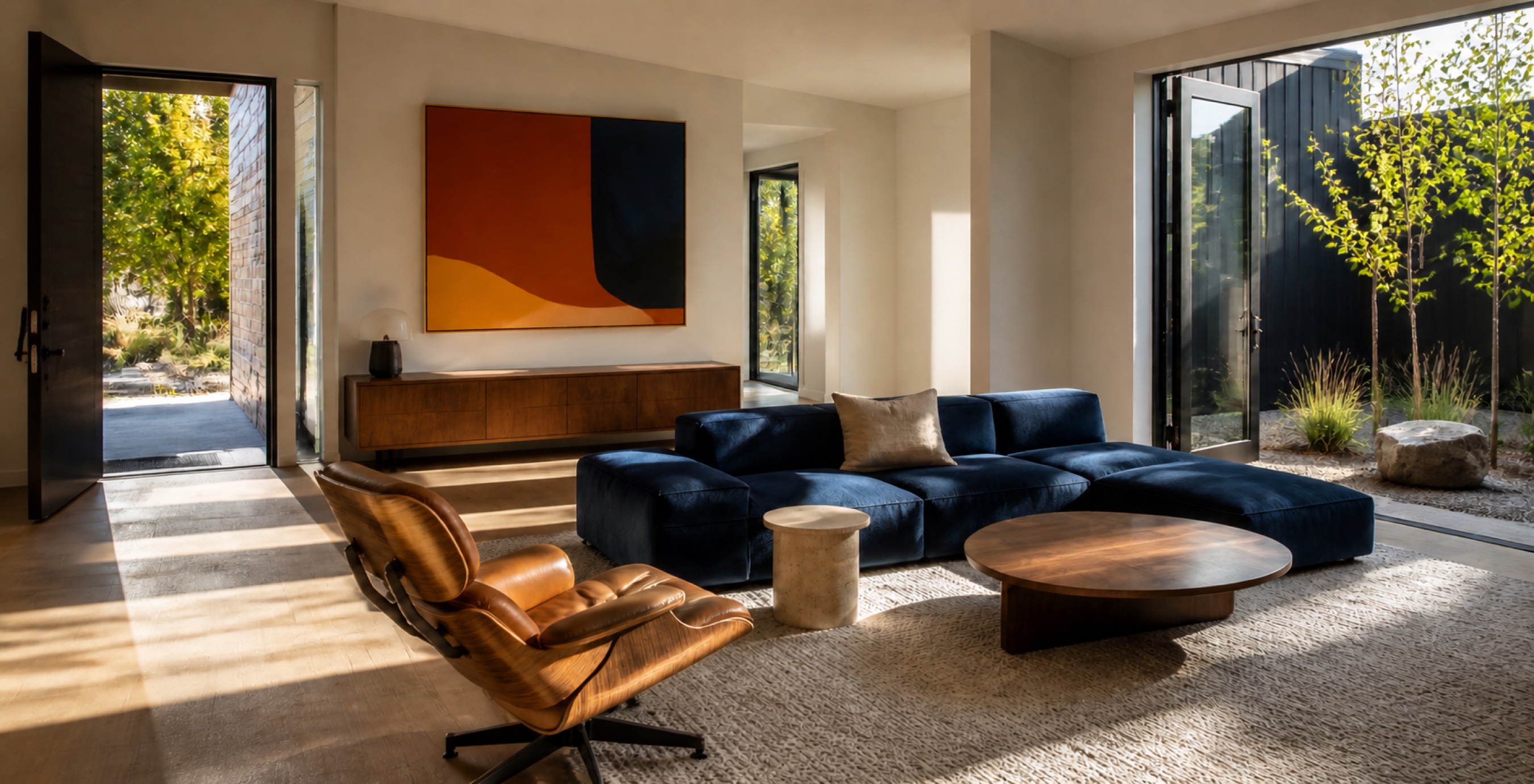 Cobalt sofa and cognac lounge chair in a bright contemporary Front Range home with two open thresholds