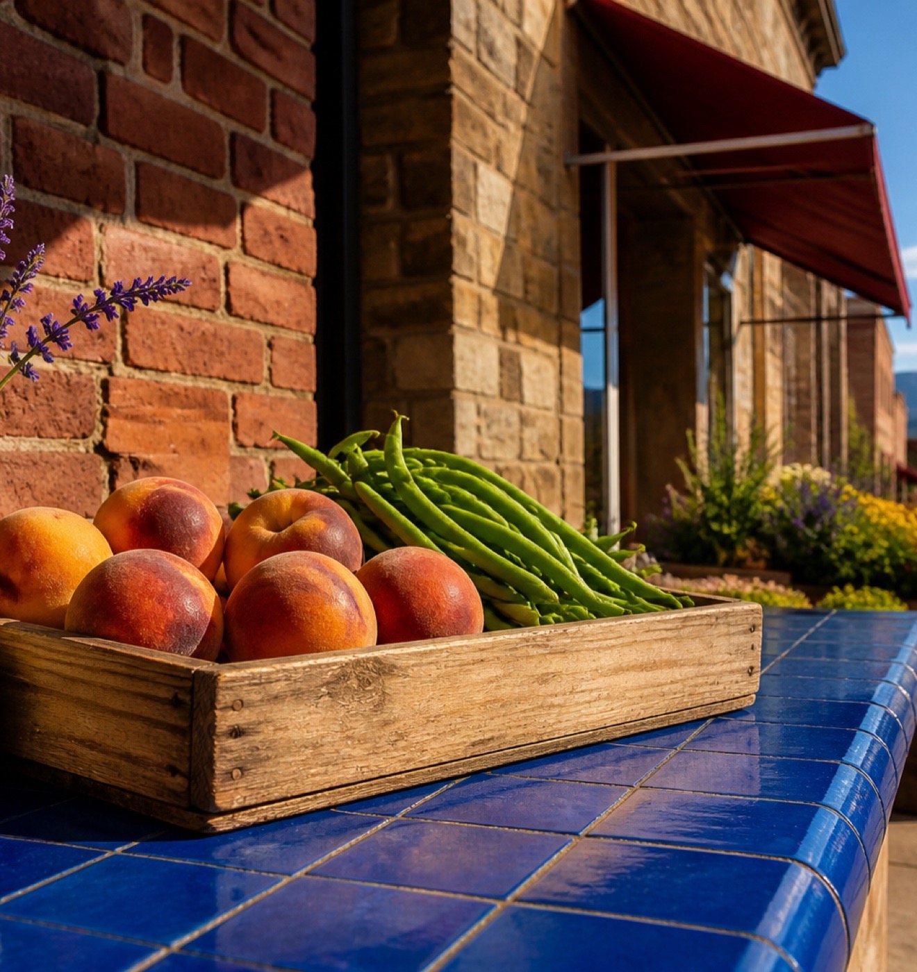 Colorado peaches and green beans on a cobalt tiled counter in a Boulder County summer market setting