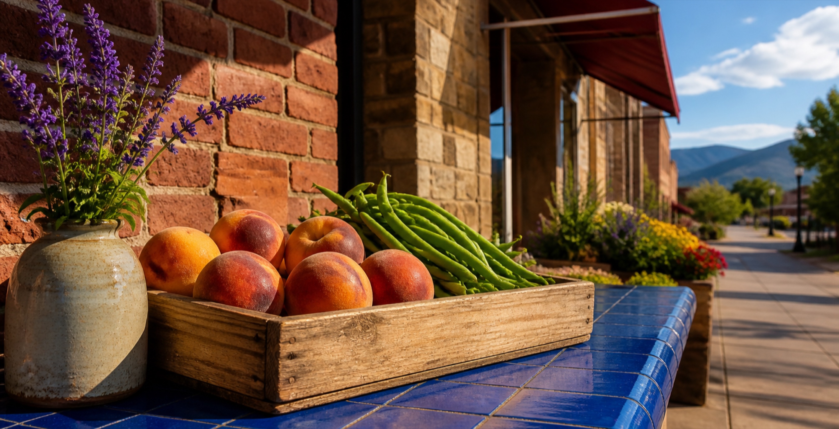 Colorado peaches and green beans on a cobalt tiled counter in a Boulder County summer market setting