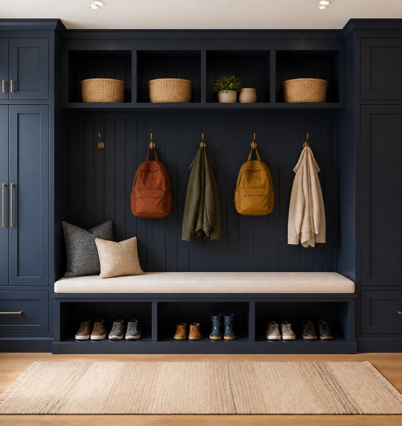 Navy built-in mudroom with kids' backpacks, brass hooks, a cream bench, baskets, and shoe storage