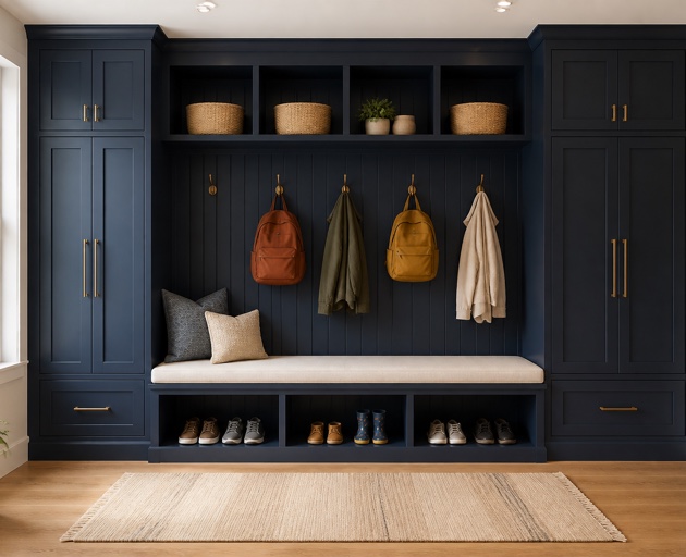Navy Front Range mudroom with two kids' backpacks above a bench and open shoe cubbies