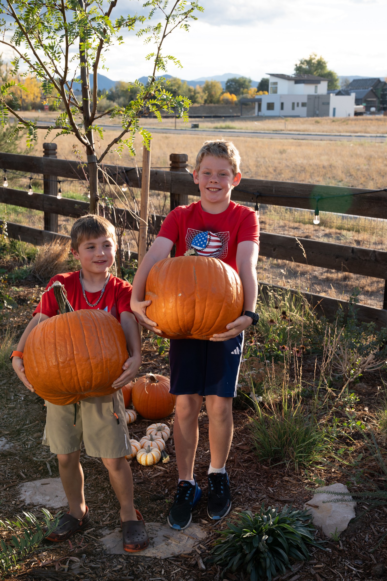 Two people stand in front of a rail fence, each holding a large pumpkin and wearing a red top.