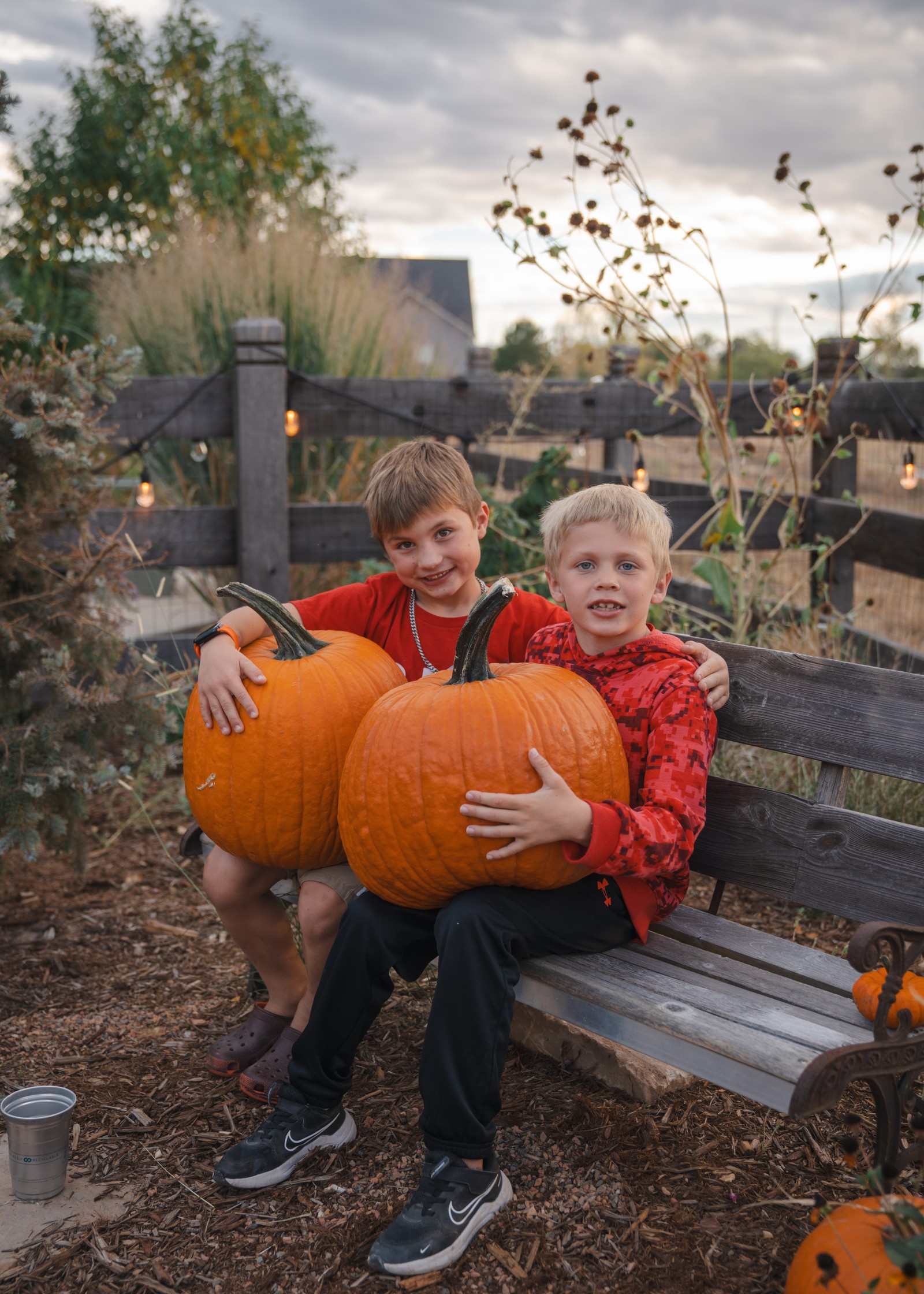 Two people sit on a wooden bench in a garden, each holding a large pumpkin.