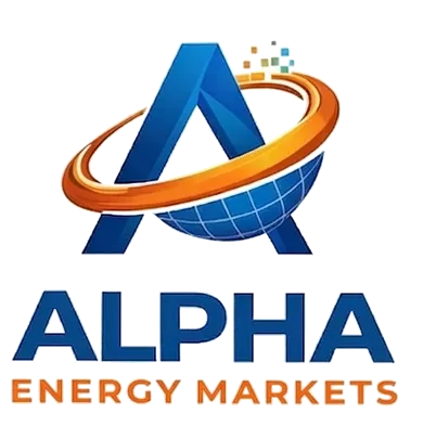 Logo of Alpha Energy Markets featuring a stylized blue letter A encircling a globe with an orange swoosh, and the company name below.