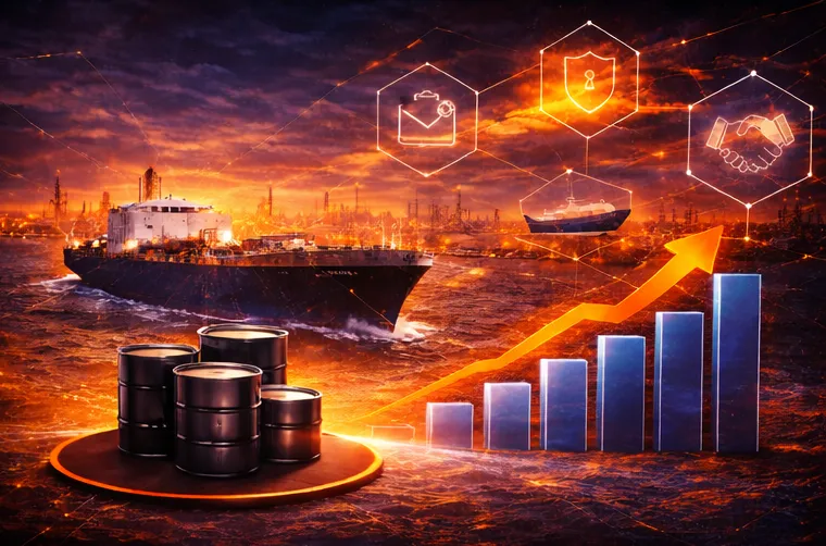 Oil barrels, a cargo ship on water, and a rising bar graph with orange arrow over an industrial sunset background with icons for security, partnership, and shipping.