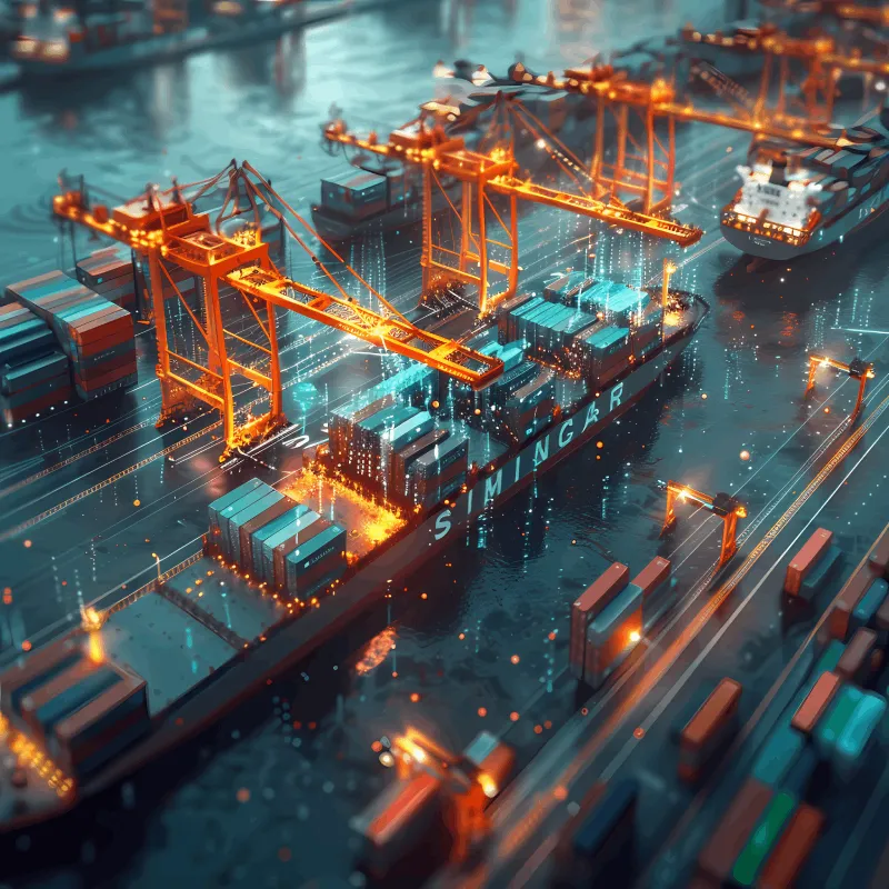 Futuristic cargo ships at a port with bright orange cranes unloading containers in a digital, high-tech logistics environment.