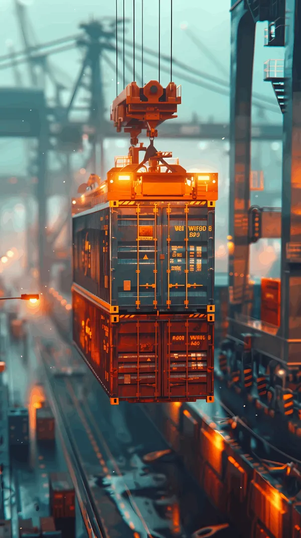 Cargo container being lifted by a crane at a busy shipping port with blurred industrial background.
