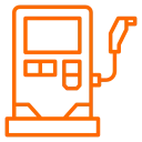 Orange line drawing of a gas station fuel pump with a digital display and nozzle.