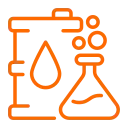 Orange outlined icon representing chemical analysis with a beaker, test tube, and drop symbol.