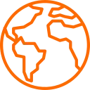 Orange line art of a globe showing simplified continents on a gray background.