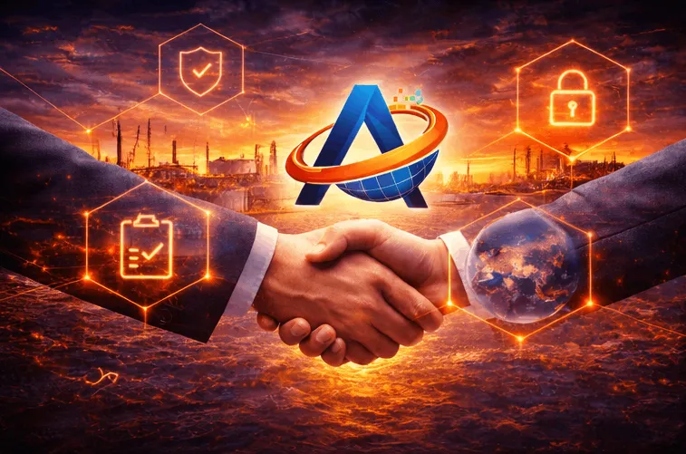 Two business people shaking hands with a glowing digital security and checklist icons surrounding them against a sunset industrial background with a stylized A and globe logo above.