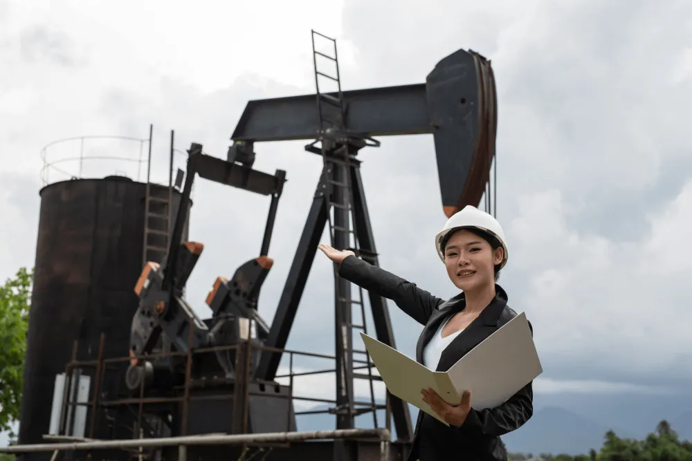 Female engineer wearing a white hard hat and holding a folder, standing outdoors and gesturing towards large oil pumpjacks against a cloudy sky.